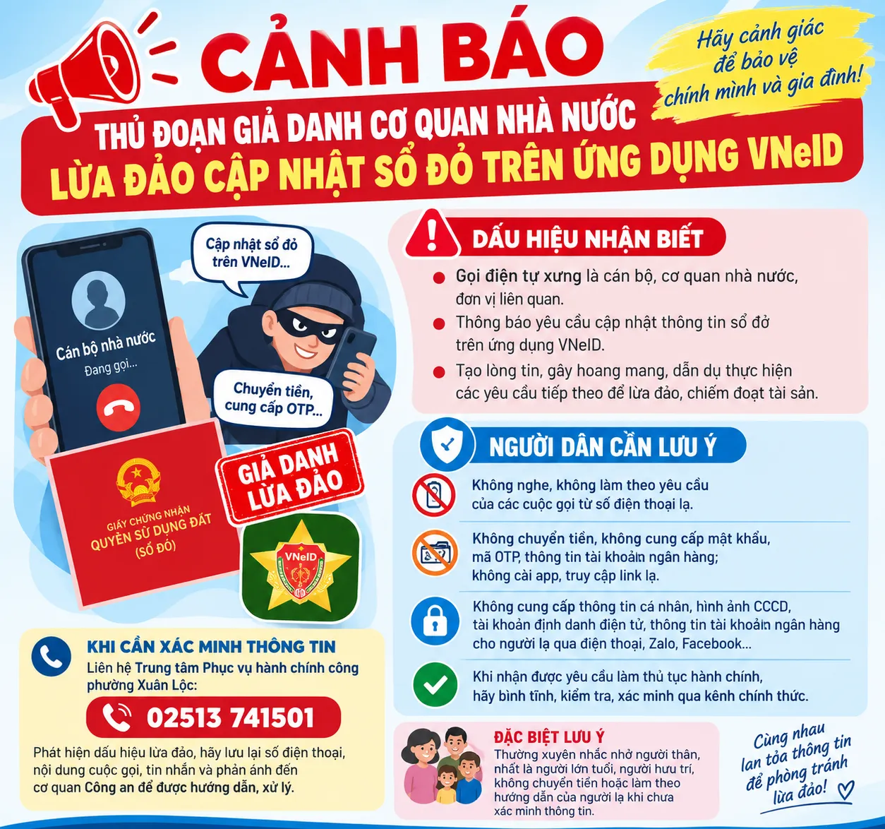 Phường Xuân Lộc cảnh báo thủ đoạn giả danh cơ quan nhà nước, lừa đảo cập nhật sổ đỏ trên ứng dụng VNeID